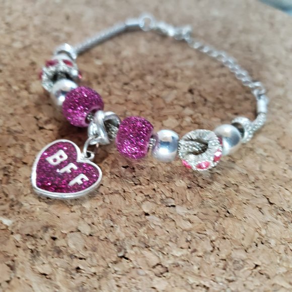 Silver Tone Hot Pink BFF Heart Beads Snake Chain Bracelet 8" Total L 2" Dia - Picture 7 of 11